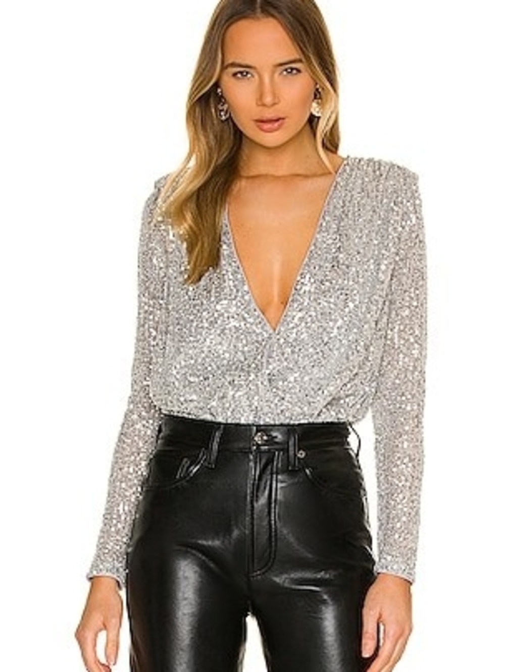 NBD Sloane Silver Sequin Deep V Long-Sleeve Women's Bodysuit XXS
